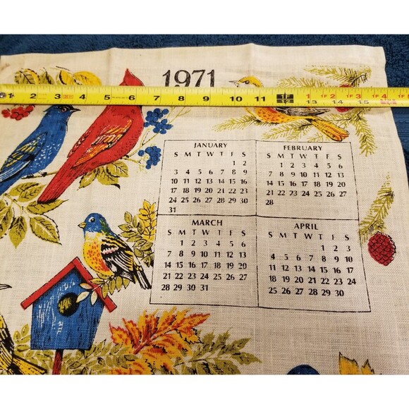Vintage linen tea towel birds 1971 calendar new old stock - Picture 5 of 7